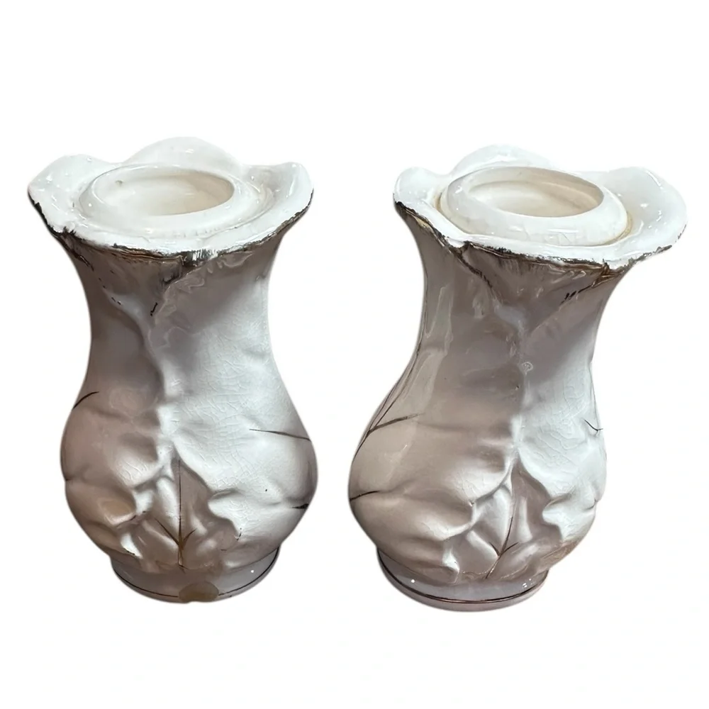 Vintage Japan Ceramic Taper Candle Holders‎ Pair Crackle Glaze Floral